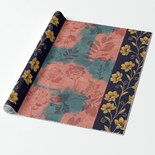 Vintage Floral Stripe with Golden Botanical Accent Wrapping Paper