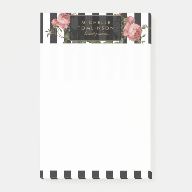 Vintage Floral Striped Personalized Post-it Notes (Front)