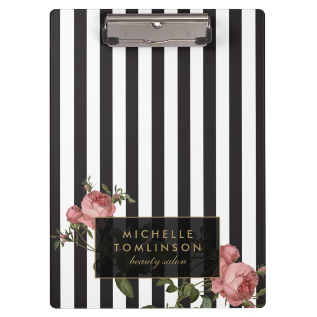 Vintage Floral Striped Salon Personalized Clipboard (Front)