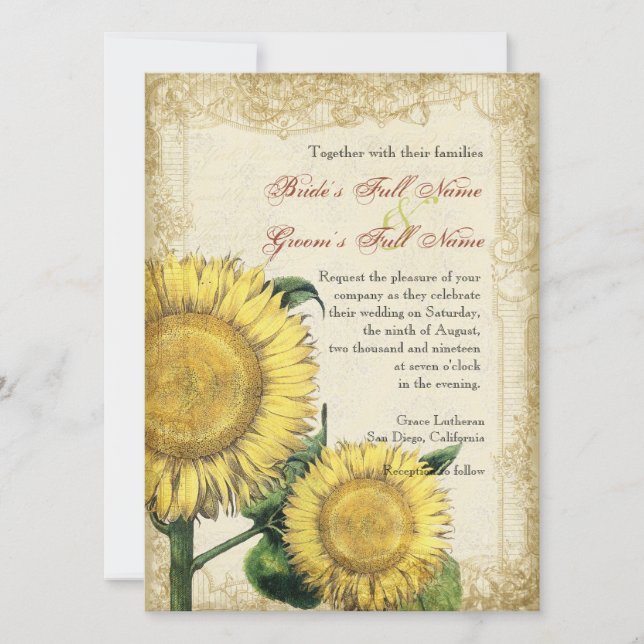 Vintage Floral Sunflowers - Autumn Fall Wedding Invitation (Front)