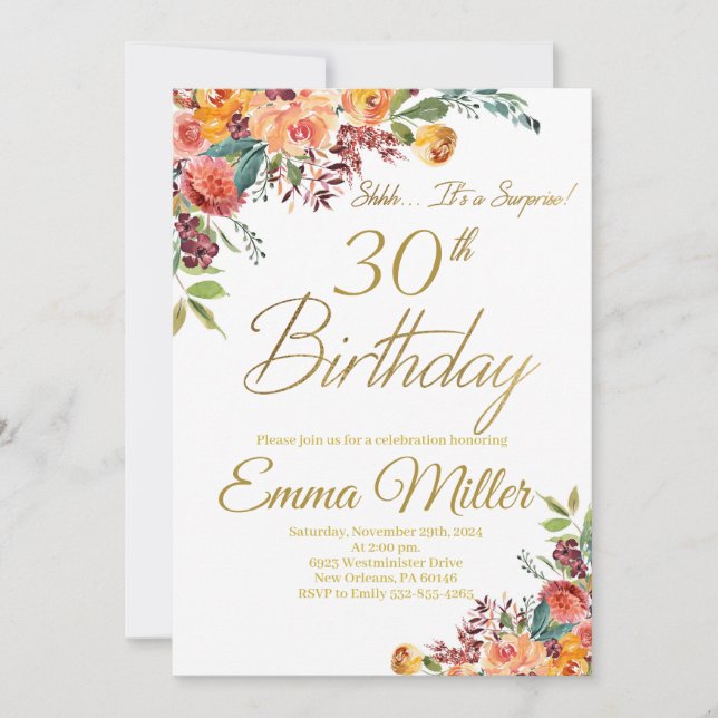 Vintage Floral Surprise 30th Birthday Party Invitation (Front)