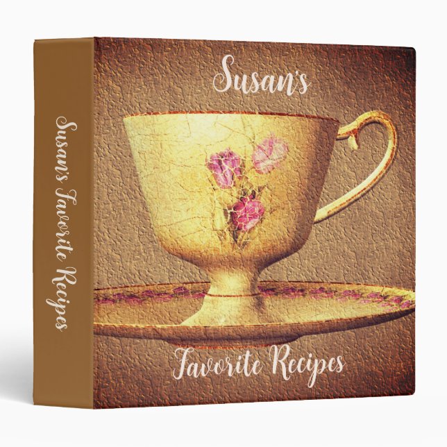 Vintage Floral Teacup Personalized Recipe Binder (Front/Spine)