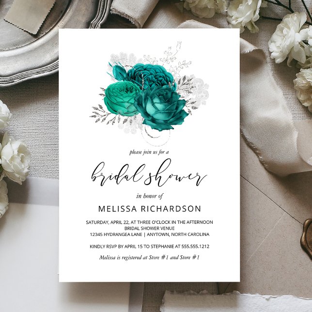 Vintage Floral Teal Silver Bridal Shower Invitation (Creator Uploaded)