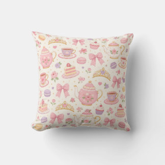 Vintage Floral Teapot and Bow Pastel Pattern Pillo Throw Pillow