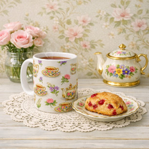 Vintage Floral Teapot Teacup Pattern  Coffee Mug