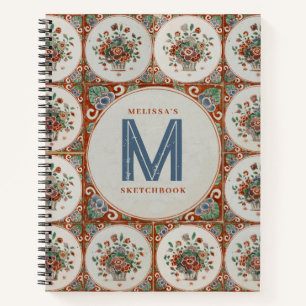 Vintage Floral Terracotta Tile Monogram Sketchbook Notebook