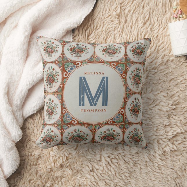 Vintage Floral Terracotta Tiles Monogram  Throw Pillow (Blanket)