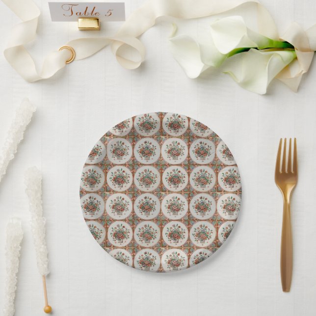 Vintage Floral Terracotta Tiles Pattern Paper Plate (Wedding)