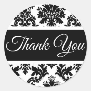Vintage Floral Thank You Damask Black And White Classic Round Sticker