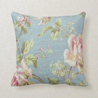 Vintage Floral Throw Pillow-Pink Flowers on Blue Pillow