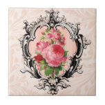 Vintage Floral Tile<br><div class="desc">Ornately engraved border, pink roses and pale peach damask background.</div>