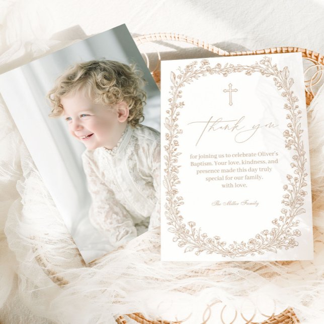 Vintage Floral Toile Baptism Thank You Card (Creator Uploaded)