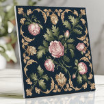 Vintage Floral Victorian Damask Pink Roses Navy Tile<br><div class="desc">Add a touch of timeless elegance to your home with this exquisite ceramic tile. The design features a classic Victorian damask pattern with delicate pink roses and lush green foliage, set against a deep navy blue background. The intricate gold detailing adds a touch of luxury and sophistication. This tile is...</div>