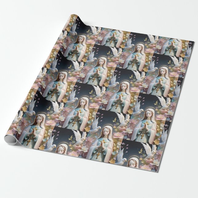 Vintage Floral Virgin Mary Gift Wrapping Paper (Unrolled)