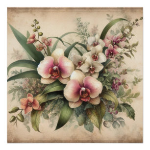 Vintage floral watercolor of pastel orchid flowers poster