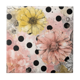Vintage Floral Watercolor Polka Dot Art (4) Tile