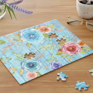 Vintage floral watercolor rustic country blue wood jigsaw puzzle