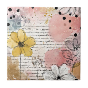 Vintage Floral Watercolor Script Polka Dot Art (4) Tile