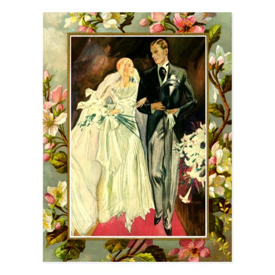 Vintage floral wedding couple template postcard
