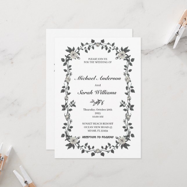 Vintage Floral Wedding Invitation Black Vines  (Front/Back In Situ)