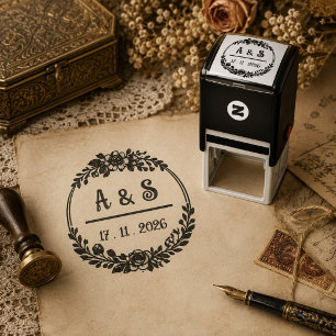Vintage Floral Wedding Monogram Rubber Stamp