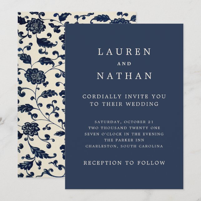 Vintage Floral Wedding | Navy and Cream Invitation (Front/Back)