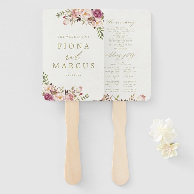 Vintage Floral Wedding Program Hand Fan (Front and Back)