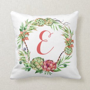 Vintage Floral Wedding Succulent   Monogram Throw Pillow