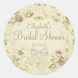Vintage Floral  White Bow Bridal Shower Classic Round Sticker