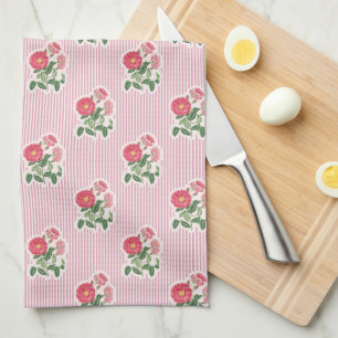 Vintage Floral Wild Roses Pink Striped Kitchen Towel