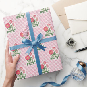 Vintage Floral Wild Roses Pink Stripes Pattern Wrapping Paper