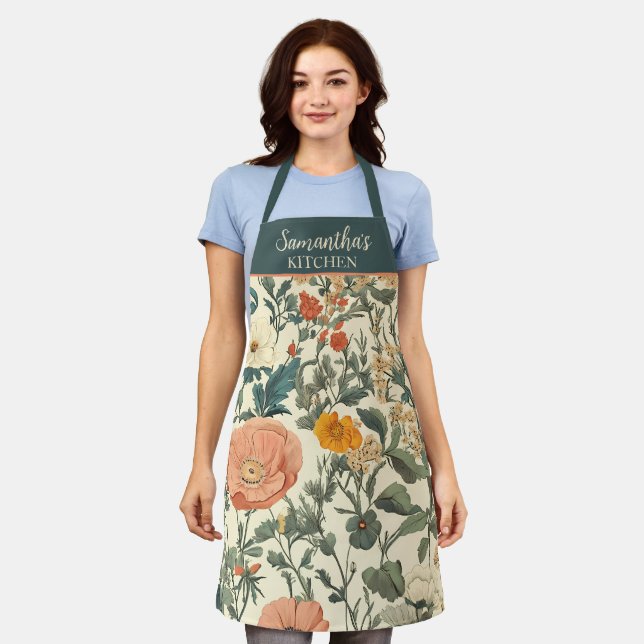 Vintage Floral Wildflowers And Poppies Apron (Worn)