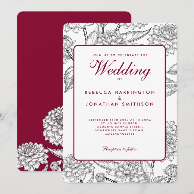 Vintage Floral Wine Red Wedding Invitation Card (Front/Back)