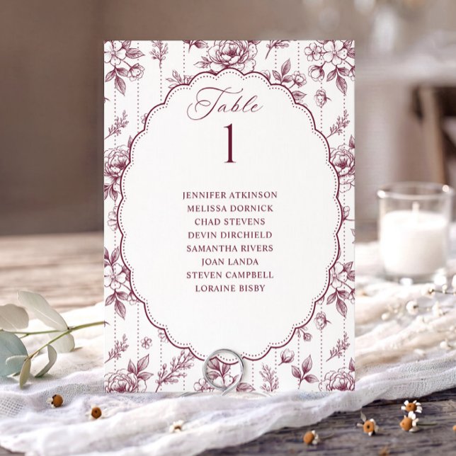 Vintage Floral Wine Red Wedding Seating Chart (Dark wine red French floral seating chart card with oval scalloped frame.)