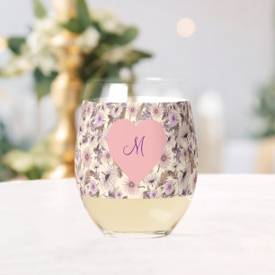 Vintage floral With Monogrammed Heart  Stemless Wine Glass
