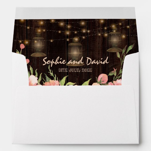 Vintage Floral Wood Old Lanterns Wedding Envelope (Back (Bottom))