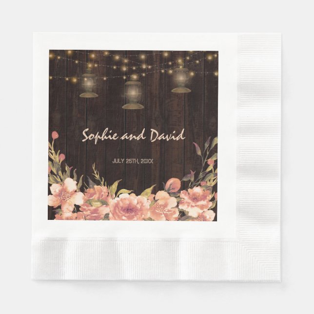 Vintage Floral Wood Old Lanterns Wedding Napkin (Front)