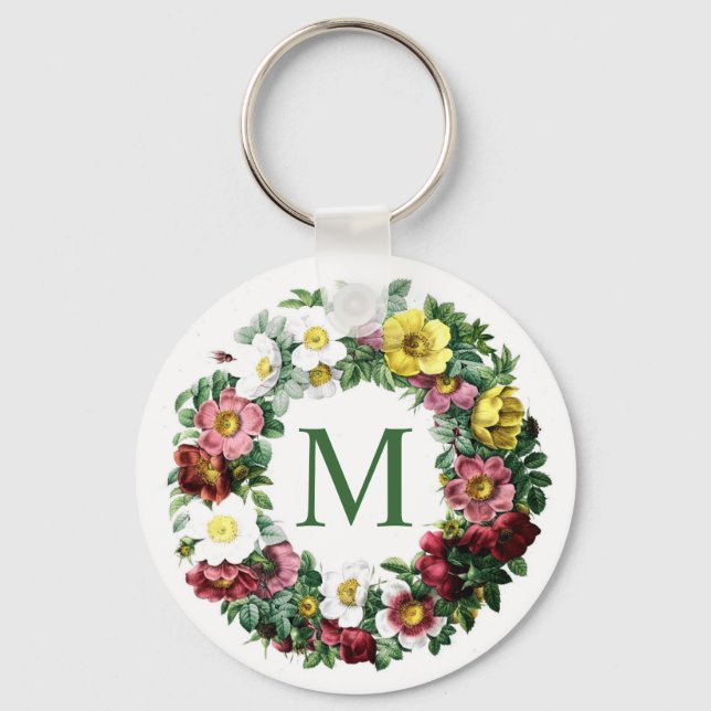 Vintage Floral Wreath Monogram Keychain (Front)