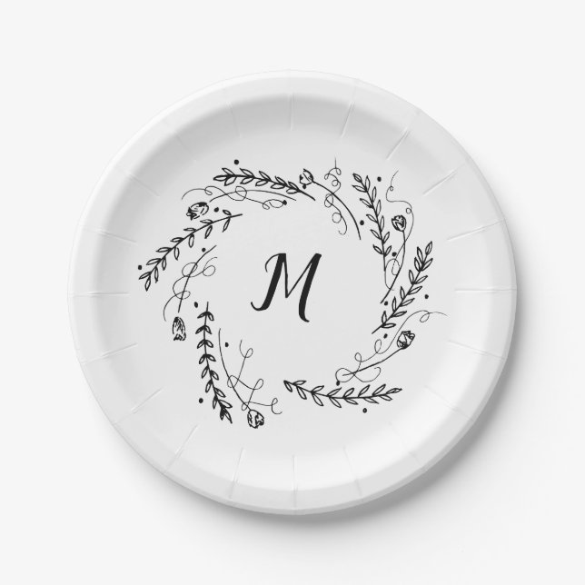 Vintage Floral Wreath Monogram Paper Plate (Front)