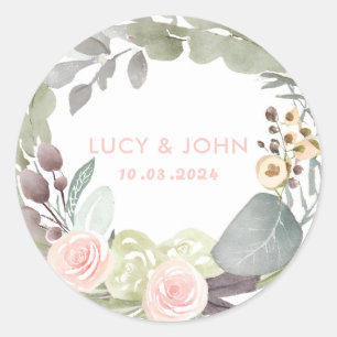 Vintage Floral Wreath Wedding Favor Rose Sage Classic Round Sticker