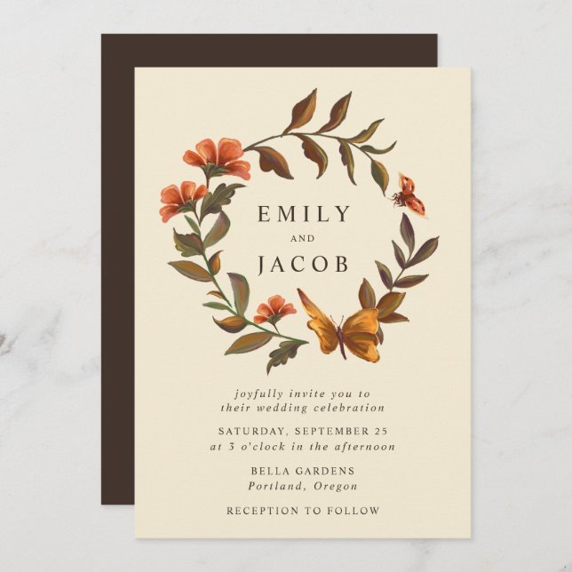 Vintage Floral Wreath Wedding Invitation (Front/Back)