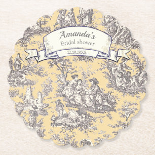Vintage floral yellow grey toile de jouy paper coaster