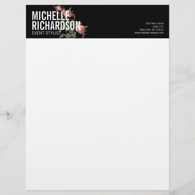Vintage Florals Bold Text on Black Letterhead (Front)