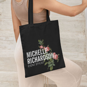 Vintage Florals Bold Text on Black Personalized Tote Bag