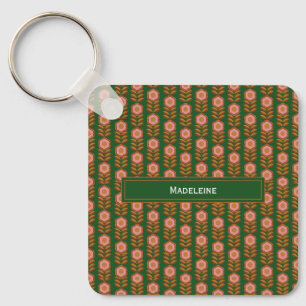 Vintage florals, pink on green monogrammed budget keychain