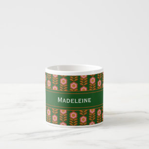 Vintage florals, pink on green monogrammed  espresso cup