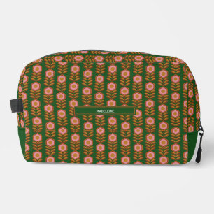 Vintage florals, pink on green retro monogrammed  dopp kit