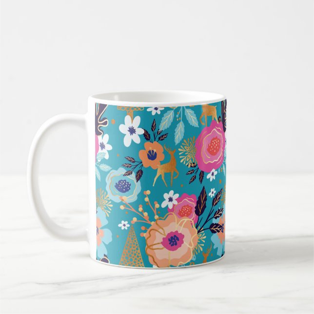 Vintage Florals, Reindeer & Snowflake Pattern Coffee Mug (Left)