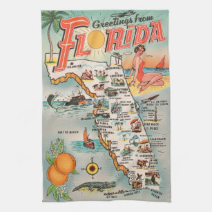 Vintage Florida map of attractions Kitchen Towel