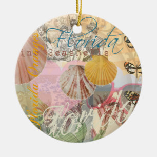 Vintage Florida Travel Beach Shells Collage Ceramic Ornament